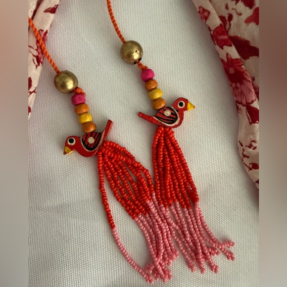 Alicia Bell Floral Beaded Tassel Tie VNeck Ruffle Ari Mini Dress Red Pink EUC - Picture 7 of 16